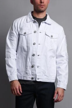 Men's Basic Ripped Jean Jacket -Victorious DK102 WHT 1
