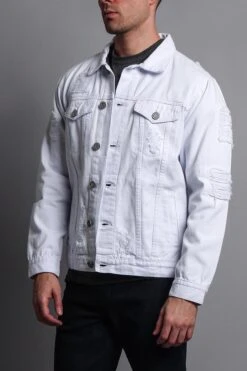 Men's Basic Ripped Jean Jacket -Victorious DK102 WHT 2