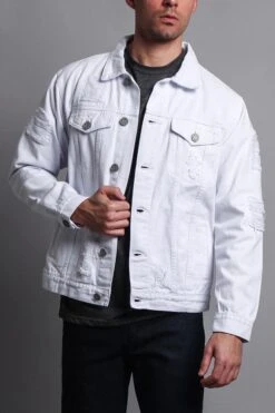 Men's Basic Ripped Jean Jacket -Victorious DK102 WHT 5