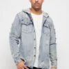 Hooded Distressed Denim Button Up Shirt