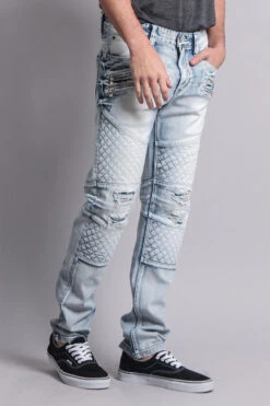 Quilted Ripped Washed Biker Jeans -Victorious DL1033 ICE 4