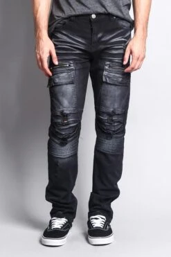 Faded Zipper Cut Cargo Pocket Biker Jeans -Victorious DL1058 BLK 1