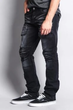 Faded Zipper Cut Cargo Pocket Biker Jeans -Victorious DL1058 BLK 2