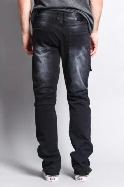 Faded Zipper Cut Cargo Pocket Biker Jeans -Victorious DL1058 BLK 3