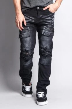Faded Zipper Cut Cargo Pocket Biker Jeans -Victorious DL1058 BLK 5
