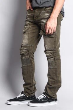 Faded Zipper Cut Cargo Pocket Biker Jeans -Victorious DL1058 OLV 2