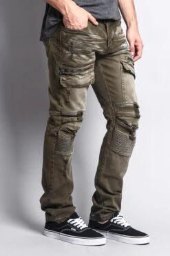 Faded Zipper Cut Cargo Pocket Biker Jeans -Victorious DL1058 OLV 4
