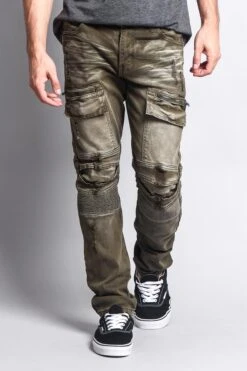 Faded Zipper Cut Cargo Pocket Biker Jeans -Victorious DL1058 OLV 5