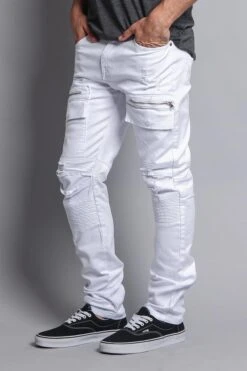 Faded Zipper Cut Cargo Pocket Biker Jeans -Victorious DL1058 WHT 2
