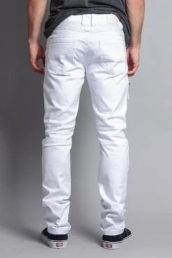 Faded Zipper Cut Cargo Pocket Biker Jeans -Victorious DL1058 WHT 3