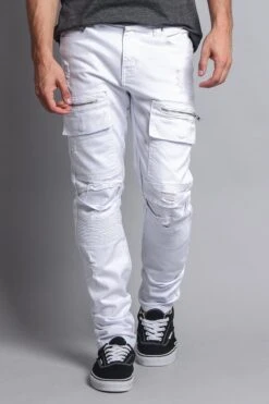 Faded Zipper Cut Cargo Pocket Biker Jeans -Victorious DL1058 WHT 5