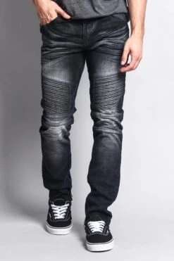 Men's Faded Skinny Biker Denim Jeans -Victorious DL1075 BLK 5