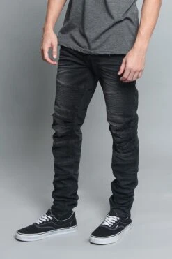 Creased Biker Denim Jeans 32 Creased Biker Denim Jeans -Victorious DL1083 BLK 5