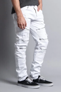 Faded Distressed Zipper Biker Jeans -Victorious DL1088 WHT 3