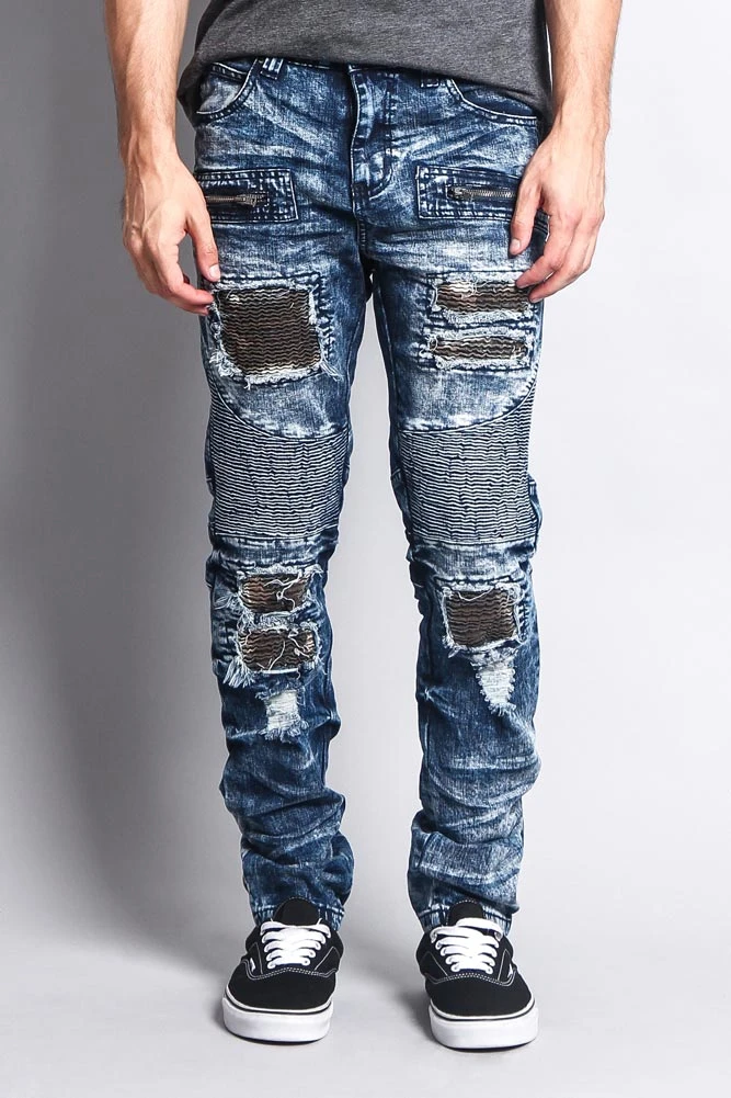 Stain Washed Contrast Patching Twill Biker Jeans 1 Stain Washed Contrast Patching Twill Biker Jeans