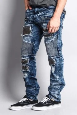 Stain Washed Contrast Patching Twill Biker Jeans 12 Stain Washed Contrast Patching Twill Biker Jeans -Victorious DL1089 DKI 2