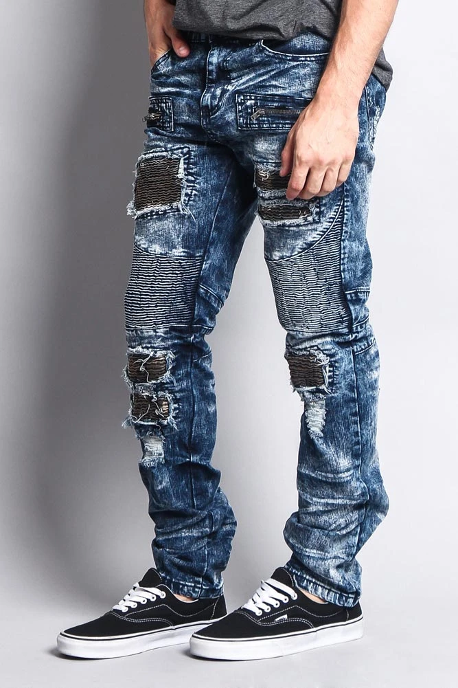 Stain Washed Contrast Patching Twill Biker Jeans 3 Stain Washed Contrast Patching Twill Biker Jeans - Image 3