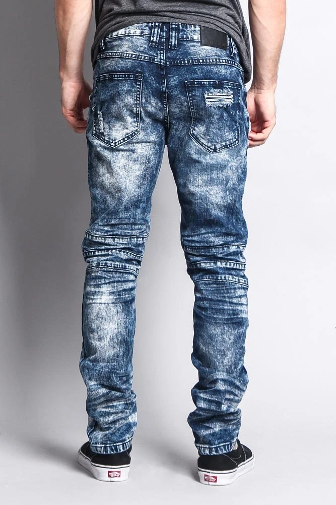 Stain Washed Contrast Patching Twill Biker Jeans 4 Stain Washed Contrast Patching Twill Biker Jeans - Image 4