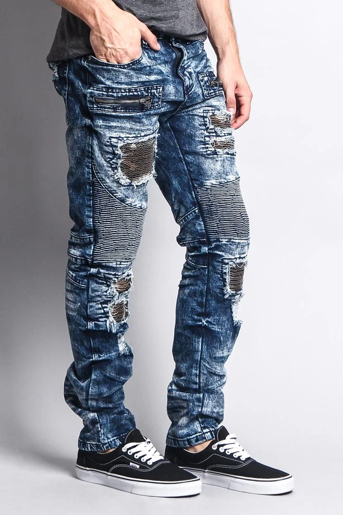 Stain Washed Contrast Patching Twill Biker Jeans 5 Stain Washed Contrast Patching Twill Biker Jeans - Image 5