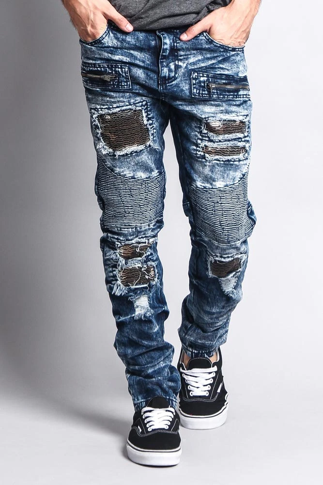 Stain Washed Contrast Patching Twill Biker Jeans 6 Stain Washed Contrast Patching Twill Biker Jeans - Image 6