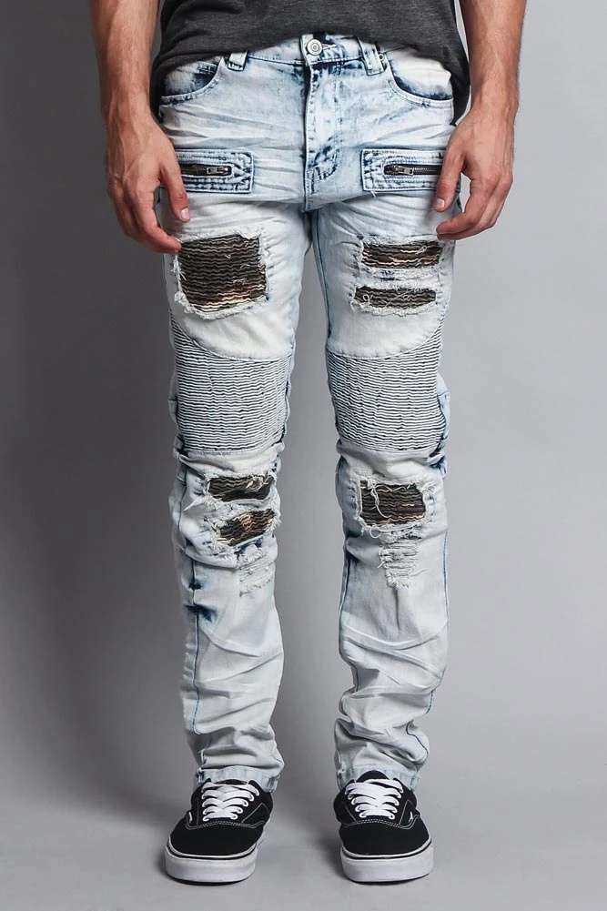 Stain Washed Contrast Patching Twill Biker Jeans 2 Stain Washed Contrast Patching Twill Biker Jeans - Image 2