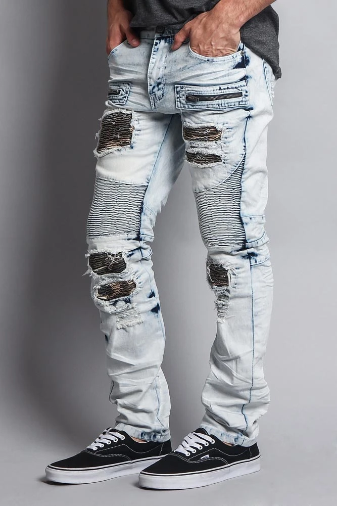 Stain Washed Contrast Patching Twill Biker Jeans 7 Stain Washed Contrast Patching Twill Biker Jeans - Image 7