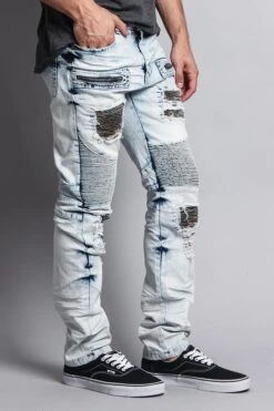 Stain Washed Contrast Patching Twill Biker Jeans 18 Stain Washed Contrast Patching Twill Biker Jeans -Victorious DL1089 LTI 4
