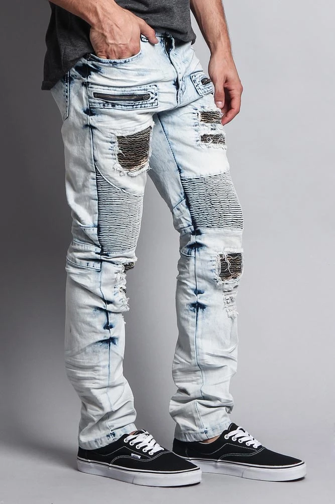 Stain Washed Contrast Patching Twill Biker Jeans 9 Stain Washed Contrast Patching Twill Biker Jeans - Image 9