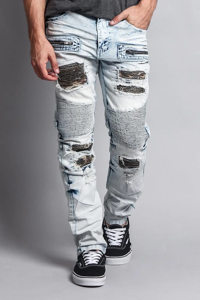 Stain Washed Contrast Patching Twill Biker Jeans 10 Stain Washed Contrast Patching Twill Biker Jeans - Image 10