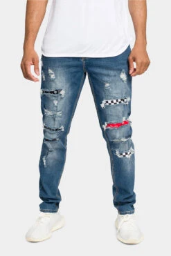 Distressed Patterned Patchwork Denim Jeans -Victorious DL1134 IND 1