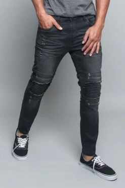 Distressed Scrunched Knee Biker Jeans 13 Distressed Scrunched Knee Biker Jeans -Victorious DL1179 BLK 4