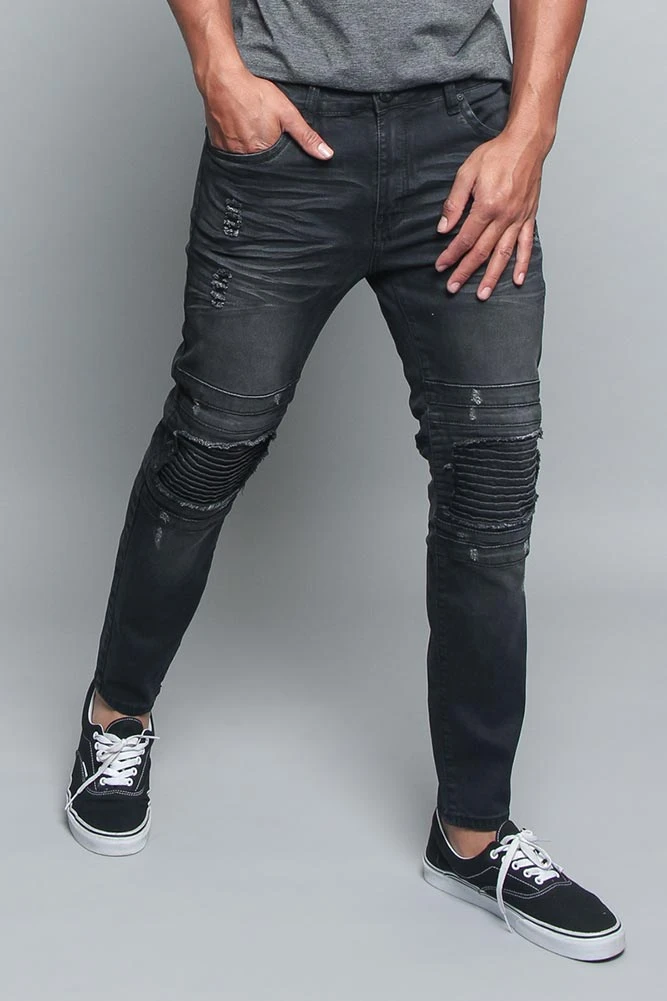 Distressed Scrunched Knee Biker Jeans 4 Distressed Scrunched Knee Biker Jeans - Image 4