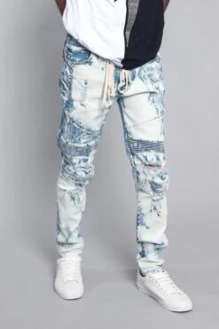 Bleached Moto Biker Denim Jeans -Victorious DL1218 MOJ 4
