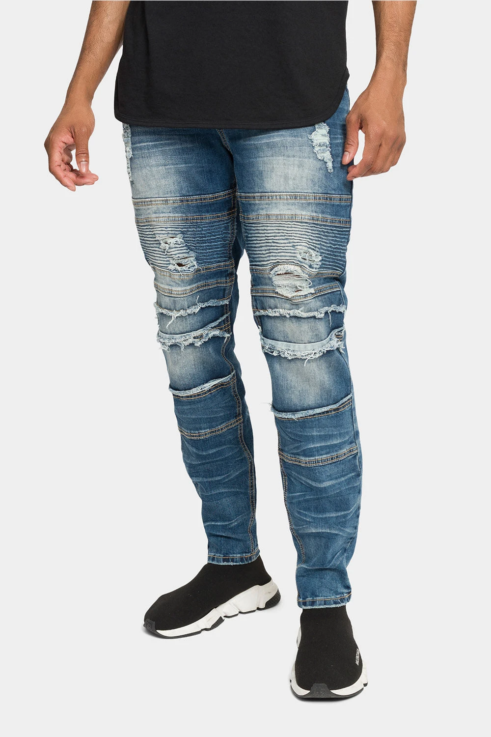 Distressed Stacked Biker Denim Jeans 1 Distressed Stacked Biker Denim Jeans