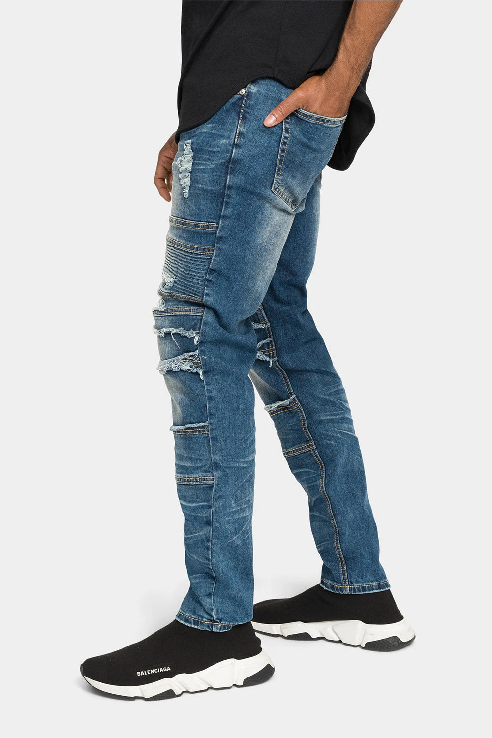 Distressed Stacked Biker Denim Jeans 2 Distressed Stacked Biker Denim Jeans - Image 2