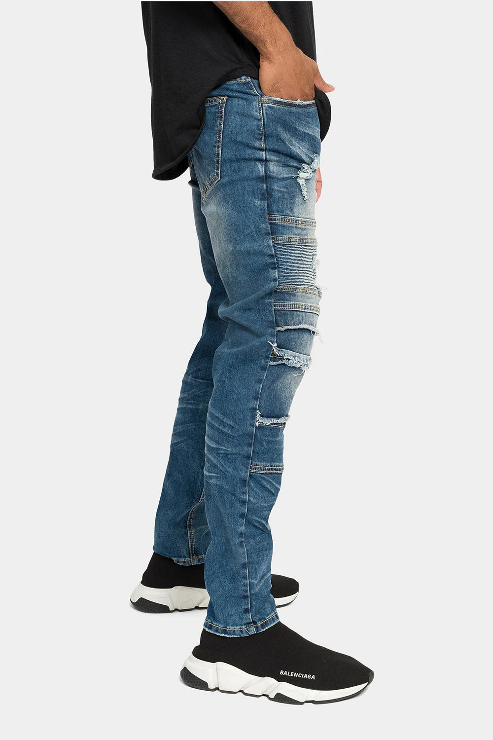 Distressed Stacked Biker Denim Jeans 4 Distressed Stacked Biker Denim Jeans - Image 4