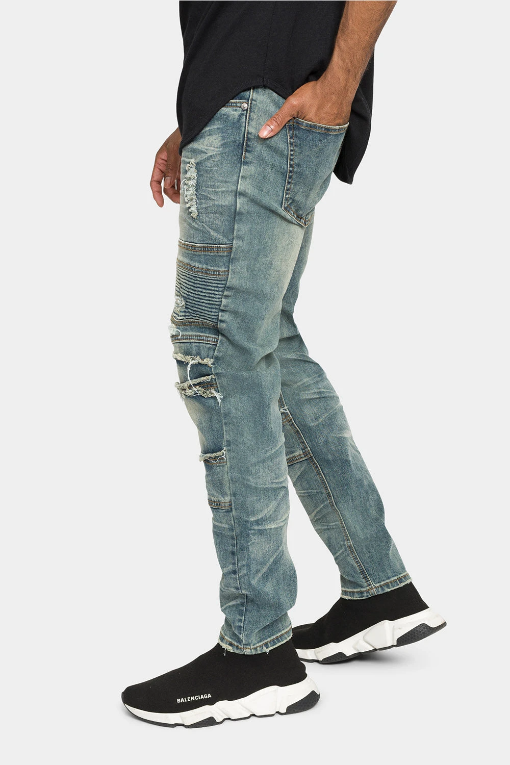 Distressed Stacked Biker Denim Jeans 7 Distressed Stacked Biker Denim Jeans - Image 7