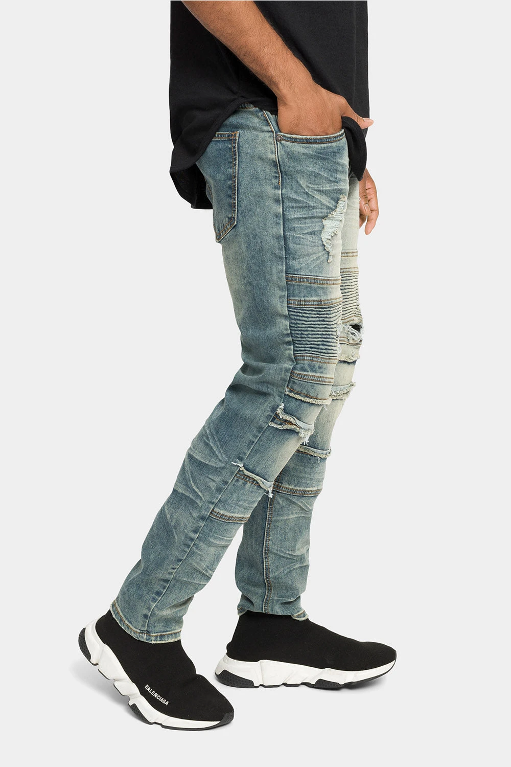 Distressed Stacked Biker Denim Jeans 9 Distressed Stacked Biker Denim Jeans - Image 9