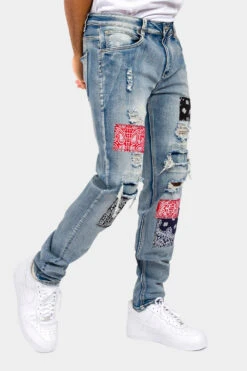 Distressed Bandana Paisley Patch Denim Jeans -Victorious DL1377 IND 4