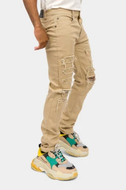 Distressed Solid Color Slim Fit Jeans -Victorious DL1403 KHK 4