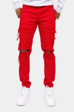 Distressed Solid Color Slim Fit Jeans -Victorious DL1403 RED 1