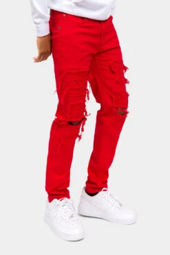 Distressed Solid Color Slim Fit Jeans -Victorious DL1403 RED 4