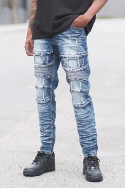 Distressed Stacked Washed Biker Denim Jeans -Victorious DL1412 DKI 4