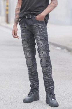 Distressed Stacked Washed Biker Denim Jeans -Victorious DL1412 SPI 2