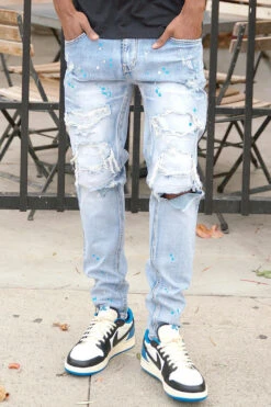 Men's Paint Splatter Knee Blowout Distressed Denim Jeans -Victorious DL1417 LTI 5