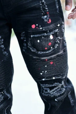 Stacked Paint Splatter Biker Jeans -Victorious DL1418 BLK 04