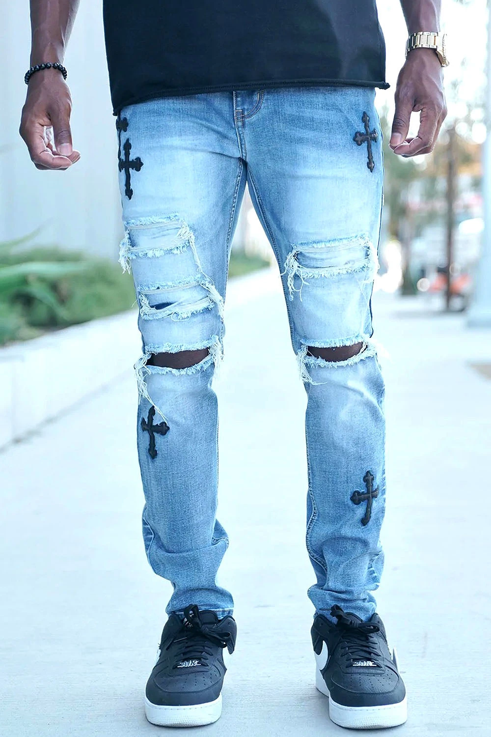 Faux Leather Cross Patch Distressed Denim Jeans 4 Faux Leather Cross Patch Distressed Denim Jeans - Image 4