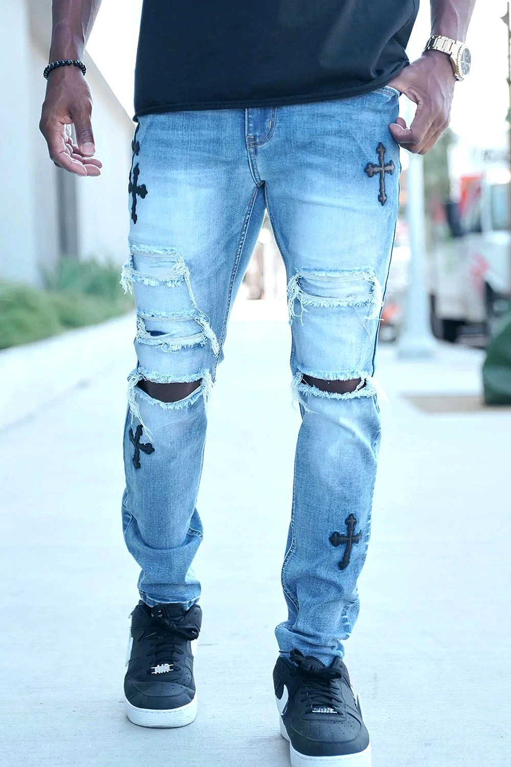 Faux Leather Cross Patch Distressed Denim Jeans 1 Faux Leather Cross Patch Distressed Denim Jeans