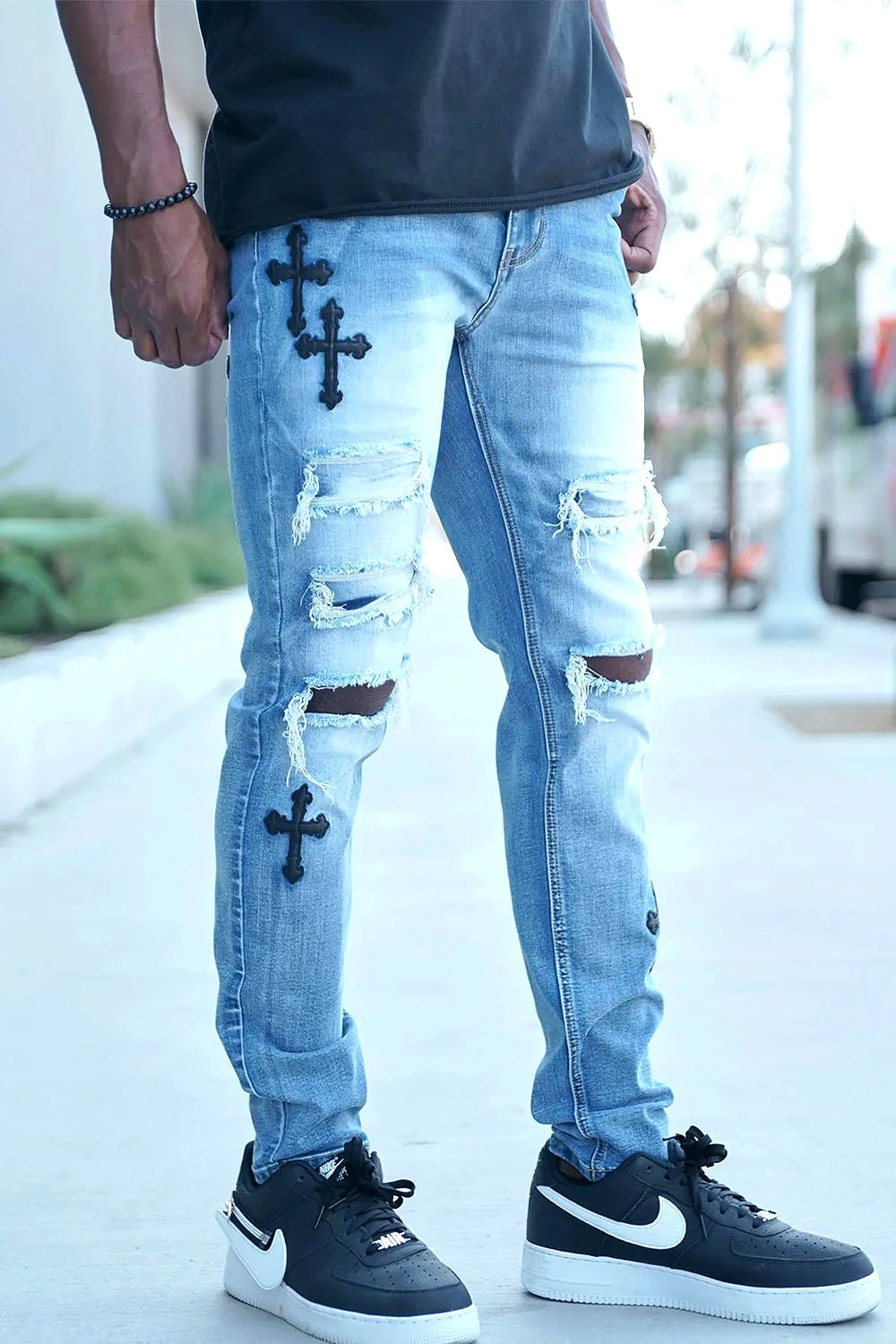 Faux Leather Cross Patch Distressed Denim Jeans 2 Faux Leather Cross Patch Distressed Denim Jeans - Image 2