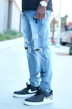 Faux Leather Cross Patch Distressed Denim Jeans 6 Faux Leather Cross Patch Distressed Denim Jeans -Victorious DL1419 IND 4